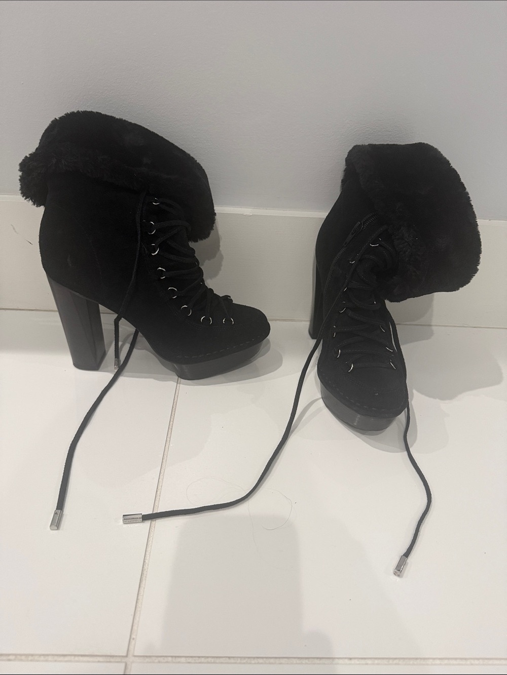 Calvin Klein Black Faux-Fur Cuffed Lace-Up Heeled Ankle Boots